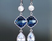 Triple Crystal and Sapphire Blue Links Framed in Silver, Dangle Earrings/Long