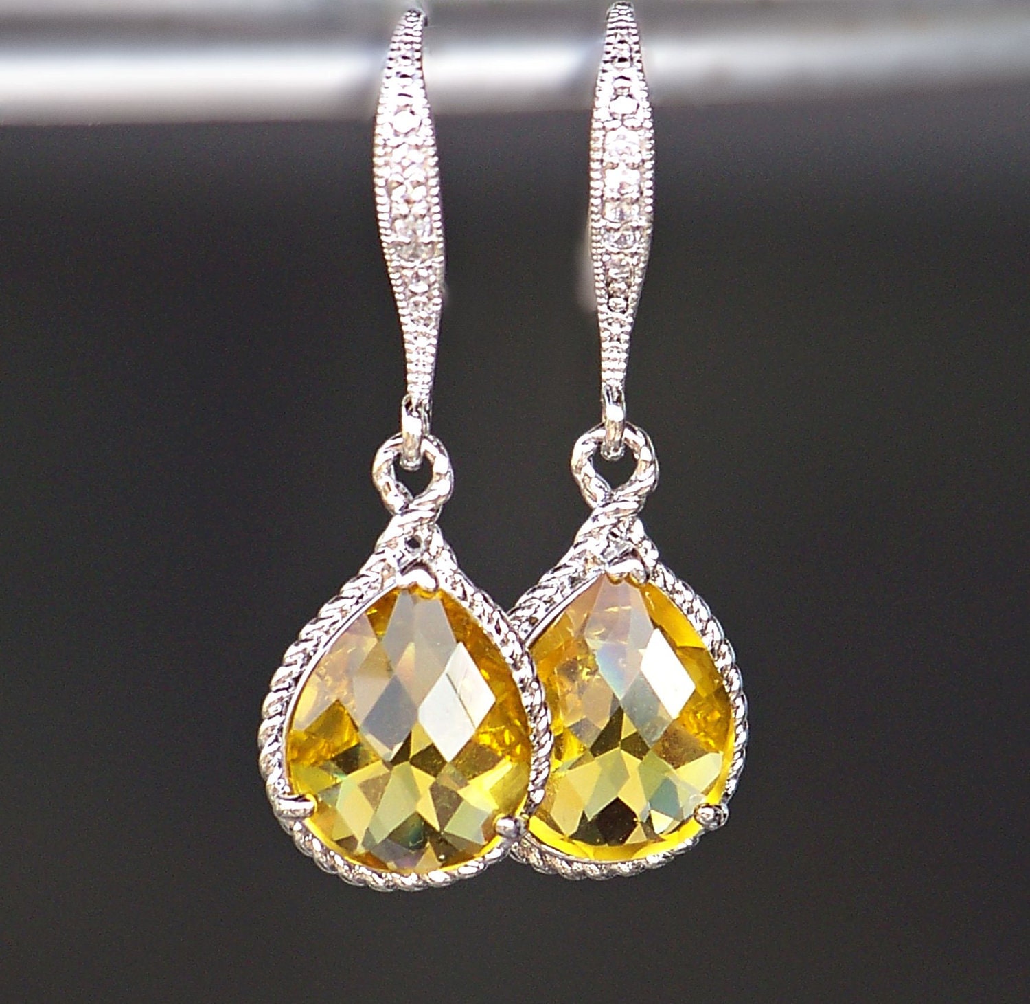 Citrine Yellow Crystal Teardrop Earrings in Silver