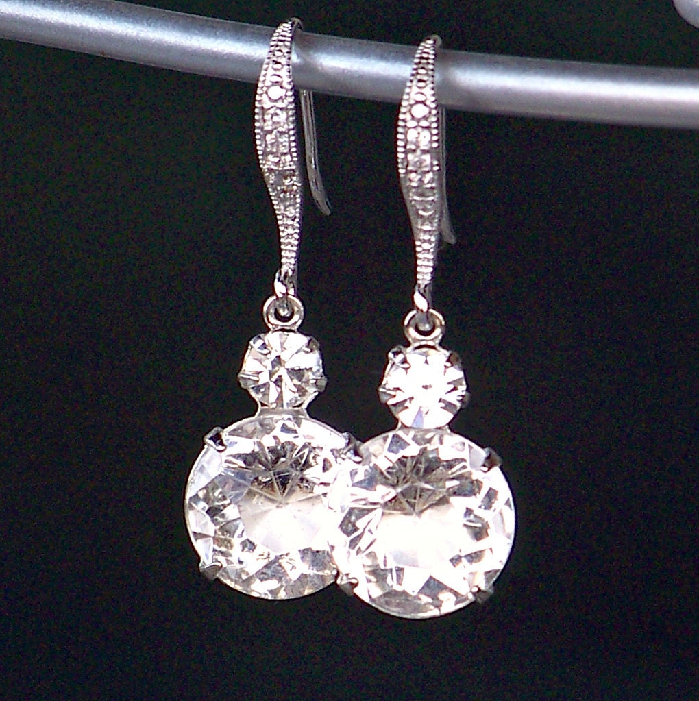 Silver and Sparkling Clear Swarovski Crystal Dangle Earrings