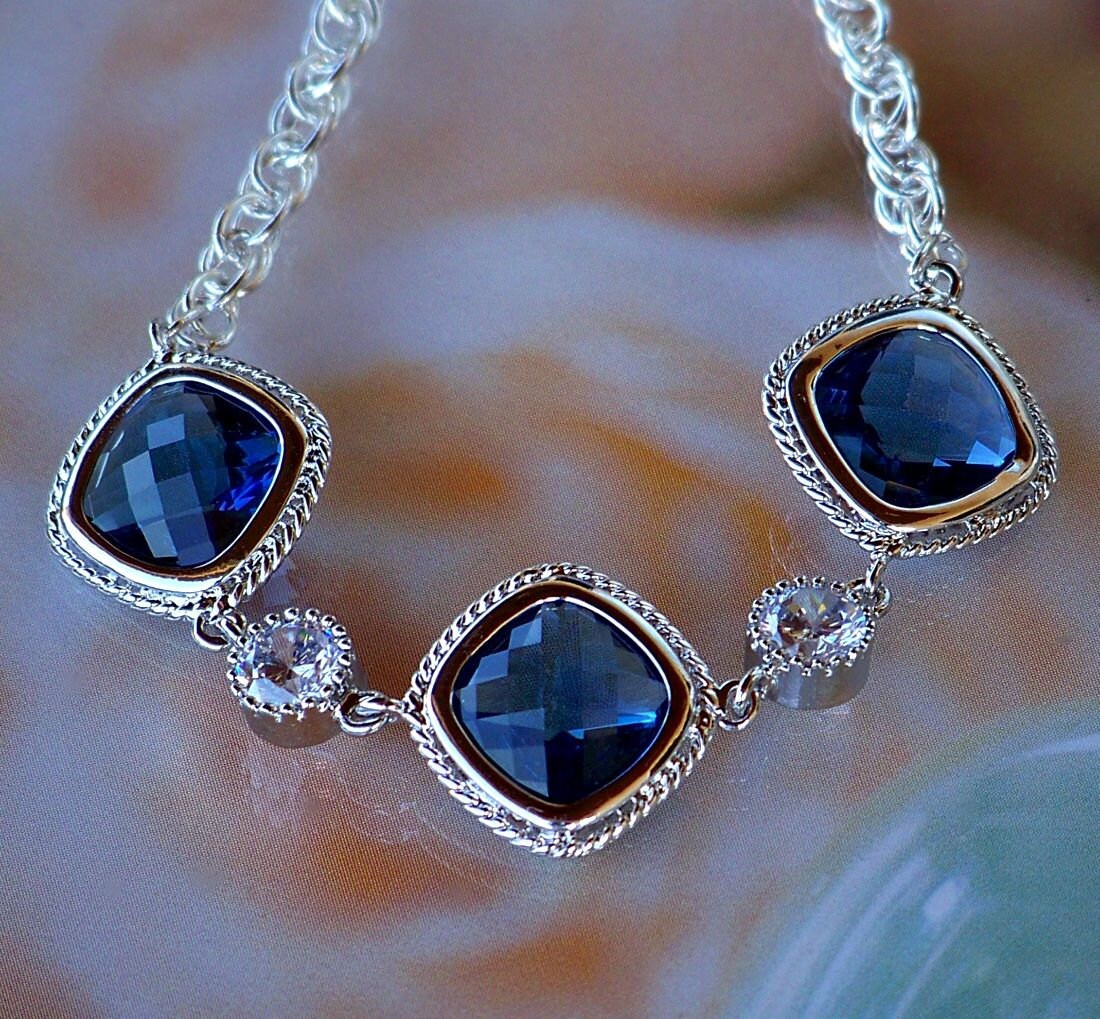 Faceted Sapphire Blue Crystal and Silver Bracelet