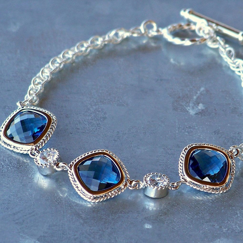 Faceted Sapphire Blue Crystal and Silver Bracelet
