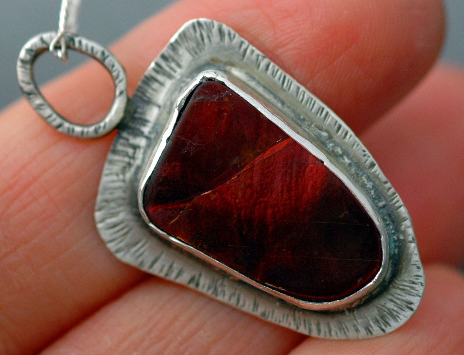 Ruby Red Ammolite Fossil in Sterling Silver Textured Necklace
