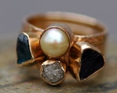 Three Stacking Rings- Custom 14k Gold  Set With Pearl, Rough Diamond, and  Raw Gemstones