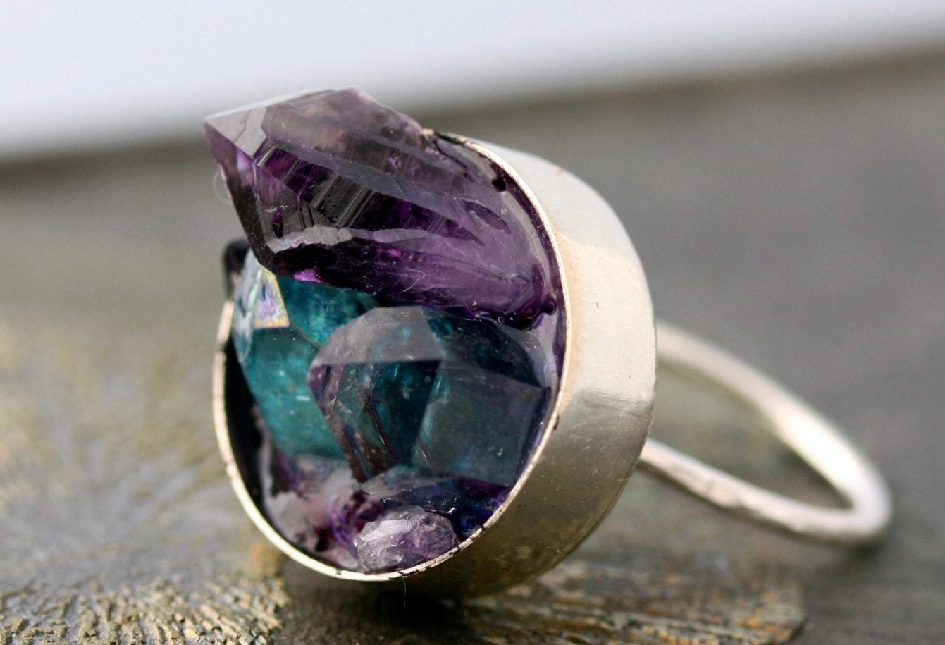 Mixed Crystal Keyhole Sterling Silver Ring- Amethyst, Aqua Aura Quartz, and Clear Quartz in Violet Resin Pool