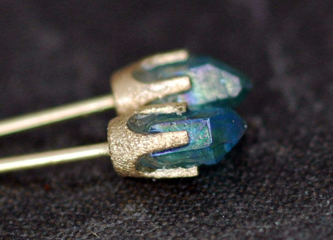 Little Aqua Aura Quartz Points in Textured 14k Yellow Gold Earrings