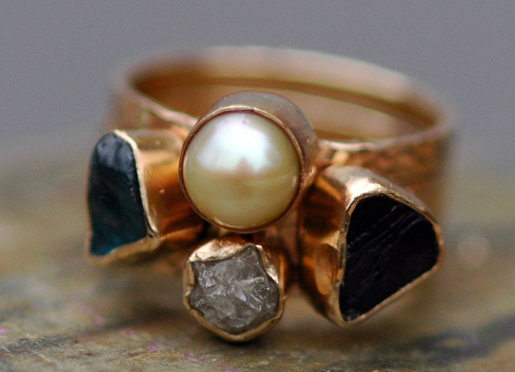 Three Stacking Rings- Custom 14k Gold  Set With Pearl, Rough Diamond, and  Raw Gemstones
