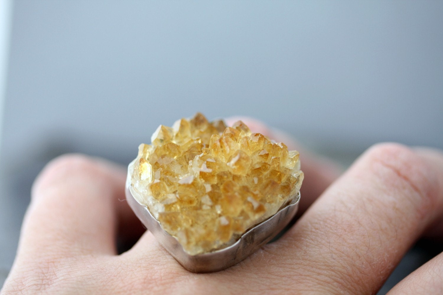 Yellow Citrine Crystal Specimen in Sterling Silver Ring