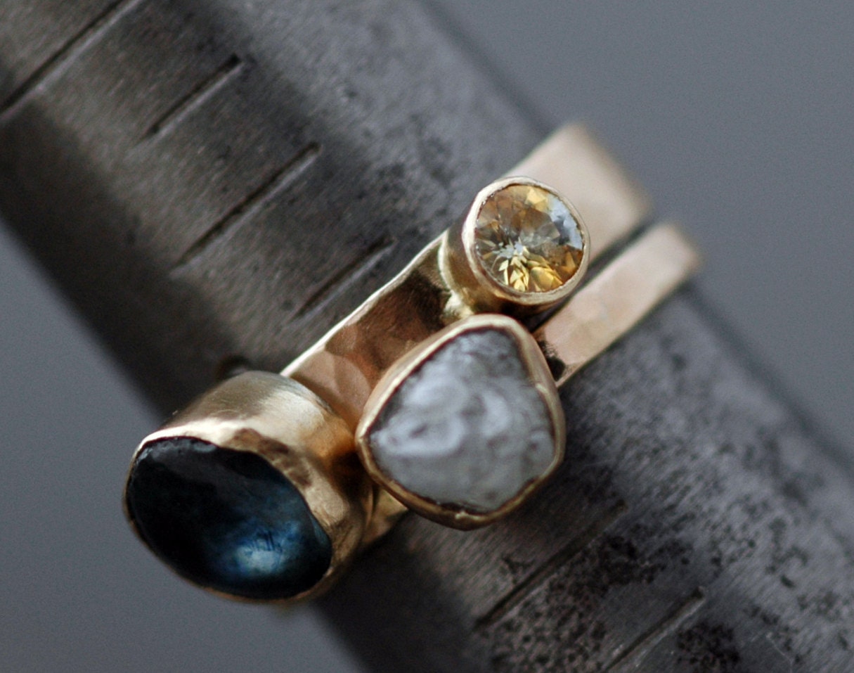 Custom 14k Gold Stacking Birthstone Ring- Rough and Cut Gemstones