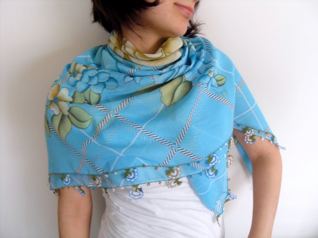 Turkish Traditional Needle Lacework Shawl-Turquoise And Light Brown Honey Flowers-Gift For Her