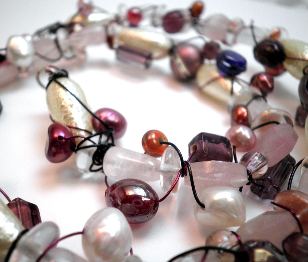 Necklace - Icy Pink and Purple Beaded and Wire Wrapped