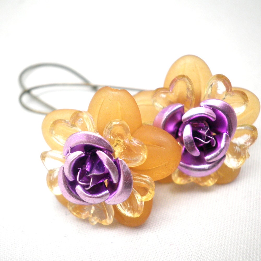 Daisy Earrings in Metalic Lilac Purple and Golden Yellow on Brass Kidney Ear Wires
