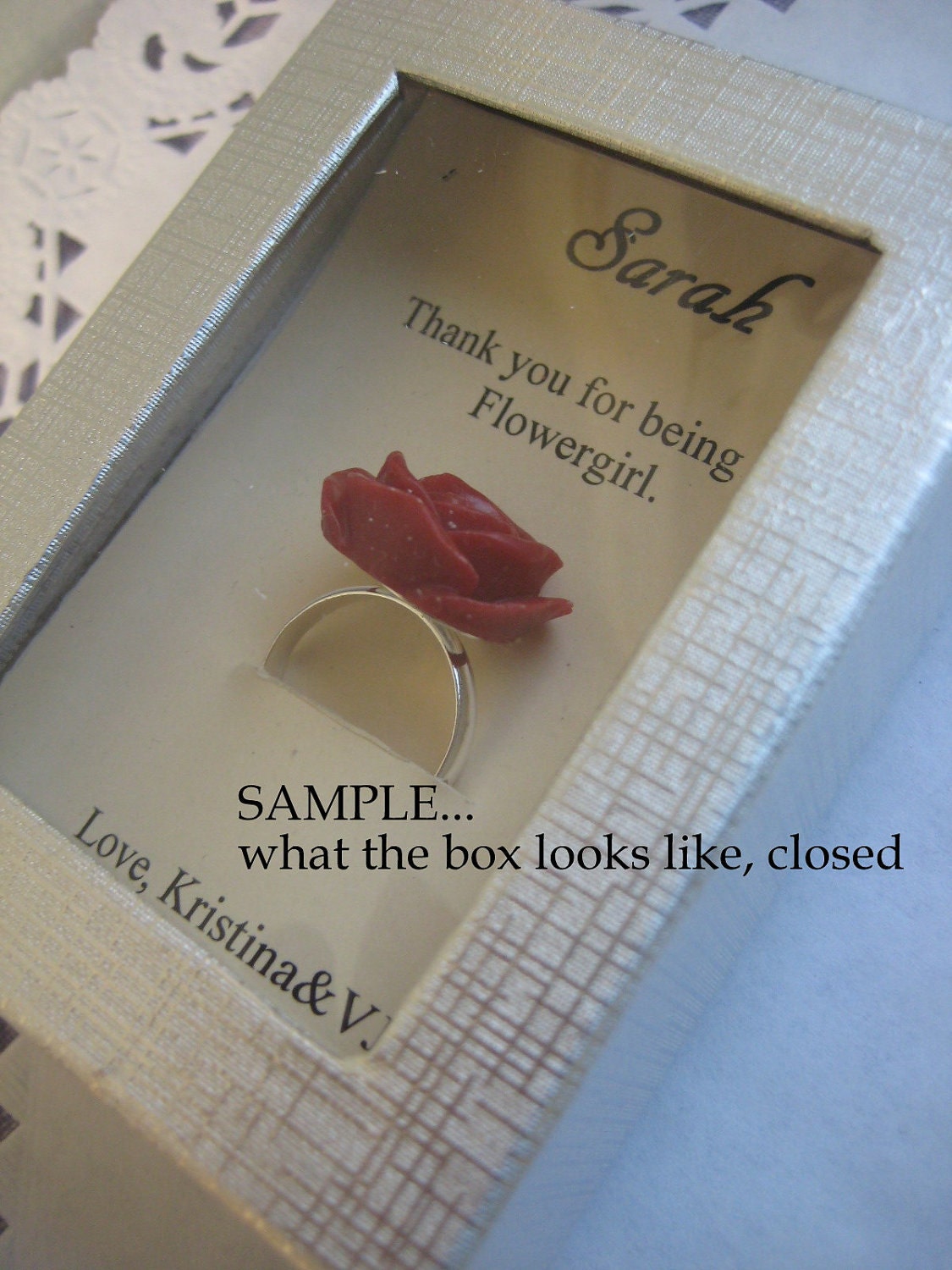 Ask flowergirl, junior bridesmaids. Rose ring. FREE personalized notecard. Ring child sized.