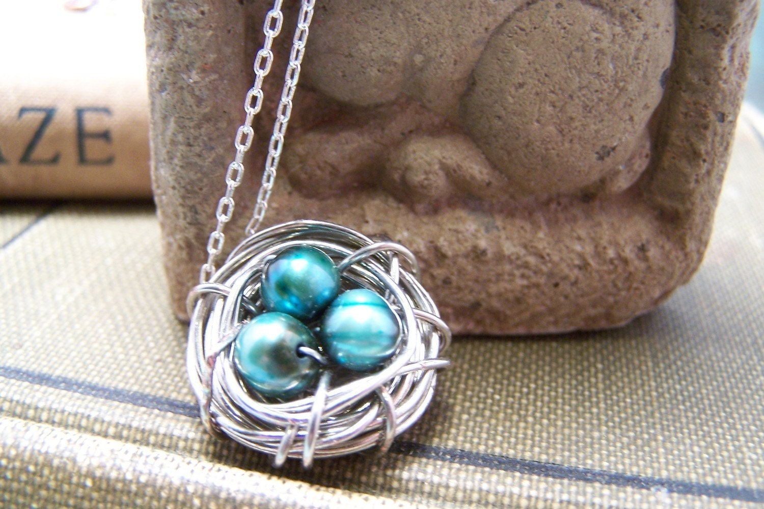 Bird Nest Pendant in Silver with Three Blue Eggs...Mother Bird