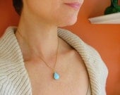 Gold necklace. Blue vintage glass pendant on 14K gold fill chain.
