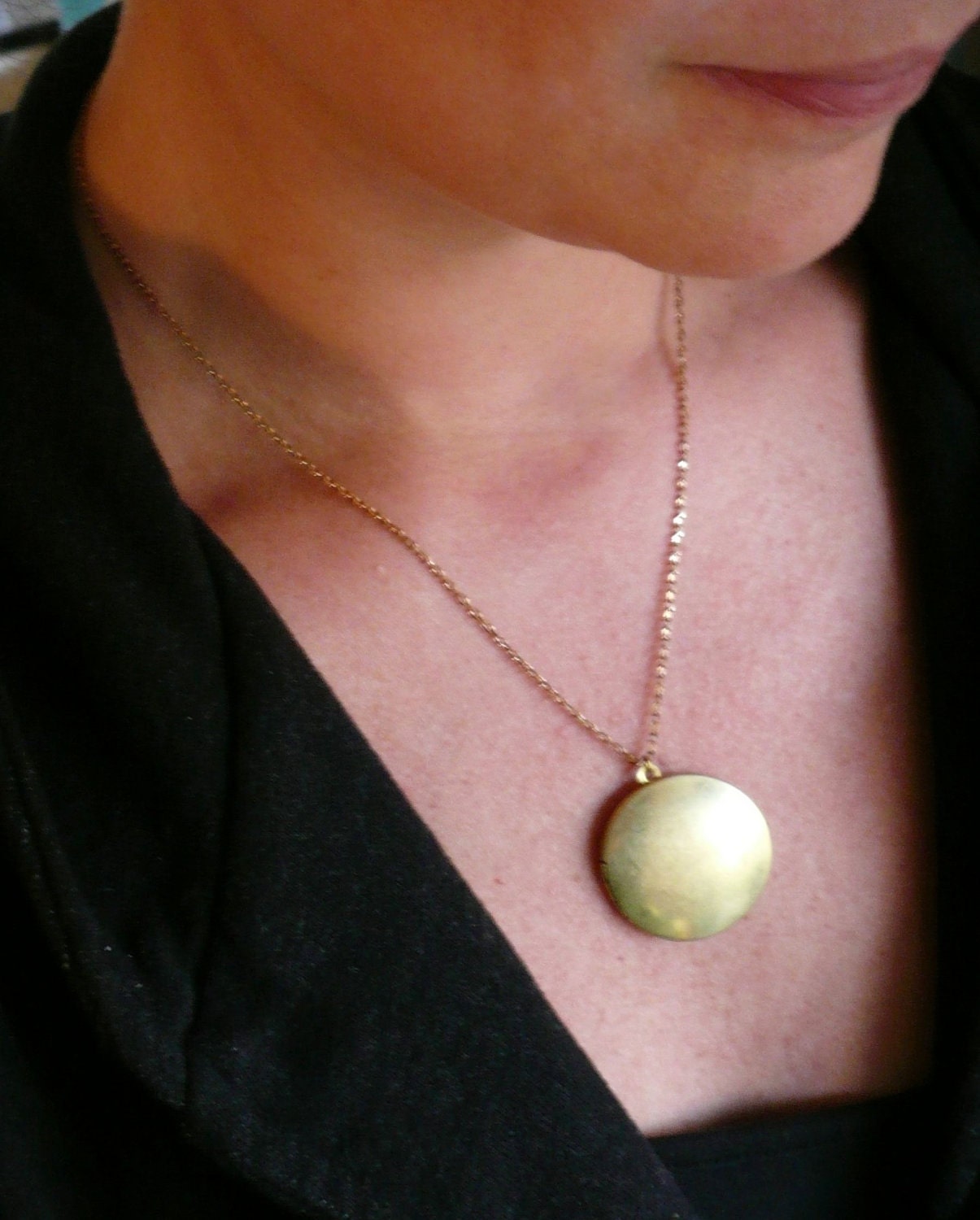 Large gold locket necklace. Plain vintage brass round locket on new necklace chain with 14K gold fill spring clasp.