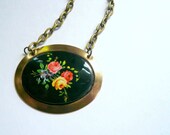 Black necklace. Statement necklace with red and yellow tea roses. Romantic jewelry.