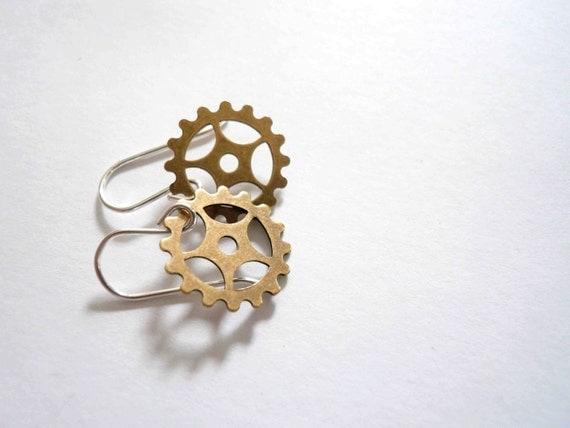 Steampunk gold earrings. Delicate brass clock gears on sterling silver.