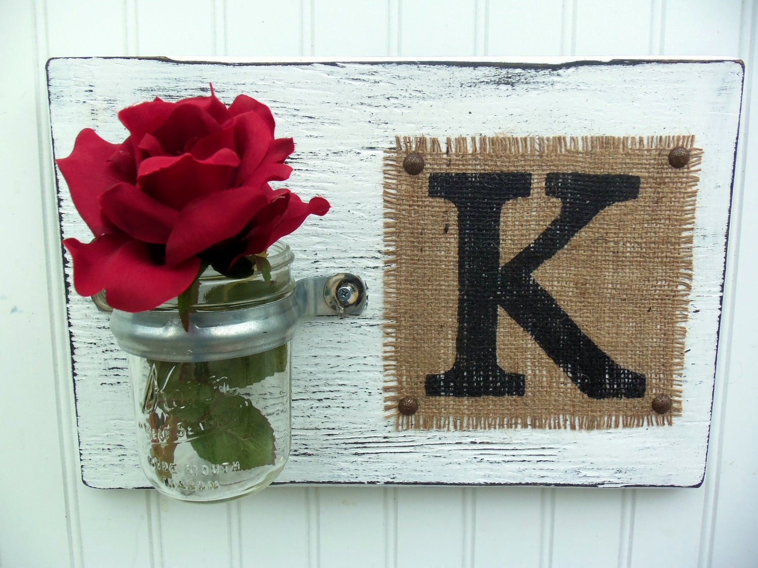 Burlap cottage decor sign rustic white, wooden wall sign, shabby chic monogram K