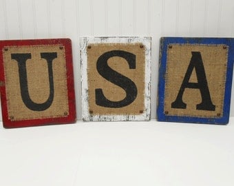 USA United States Of America Burlap Americana 4th of July rustic signs