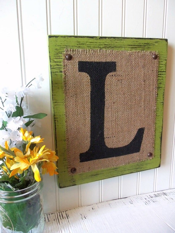 BURLAP sign monogram Letter Home or Wedding SIGN, White, C any letter