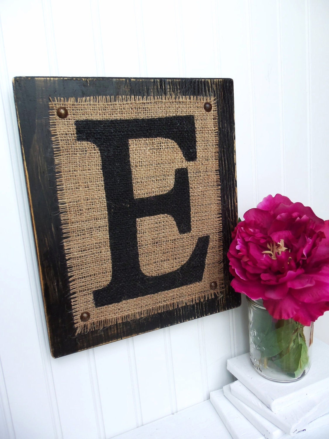 BURLAP SIGN Wood Letters Custom E block - Black wood or you choose color