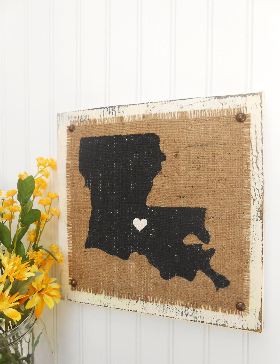LOUISIANA, Burlap distressed wood sign, cottage look, rustic elegance 12x12