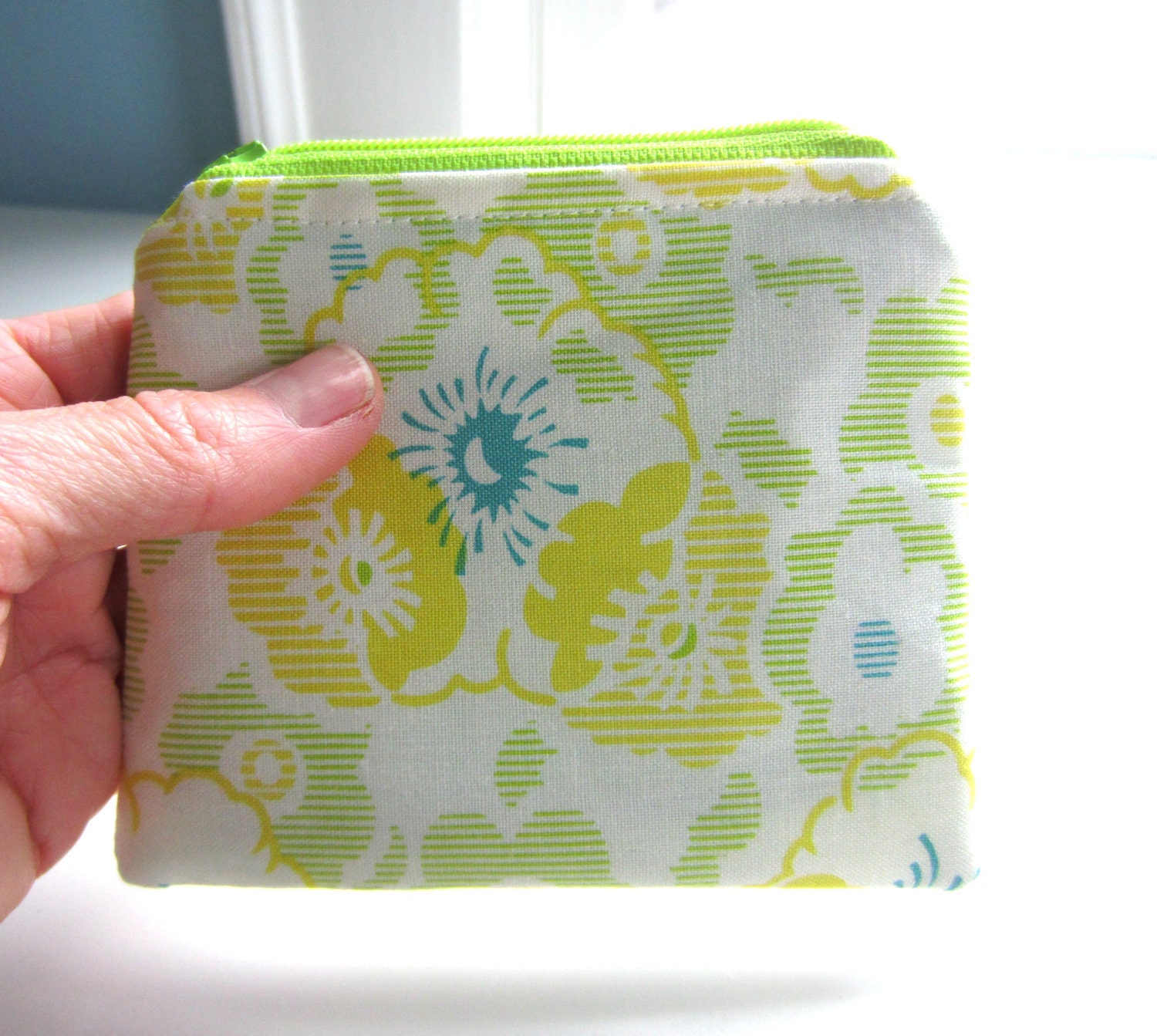 Change Purse - Yellow Green Small Floral - Coin Zipper Pouch - Ready to Ship