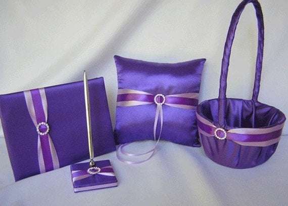 Purple Lavender Flower Girl Basket Ring Bearer Pillow Guest Book Pen Set