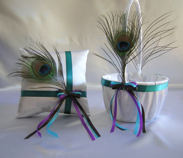 Wedding Bridal Peacock Cake Knife and Server Set Your Color Ribbon