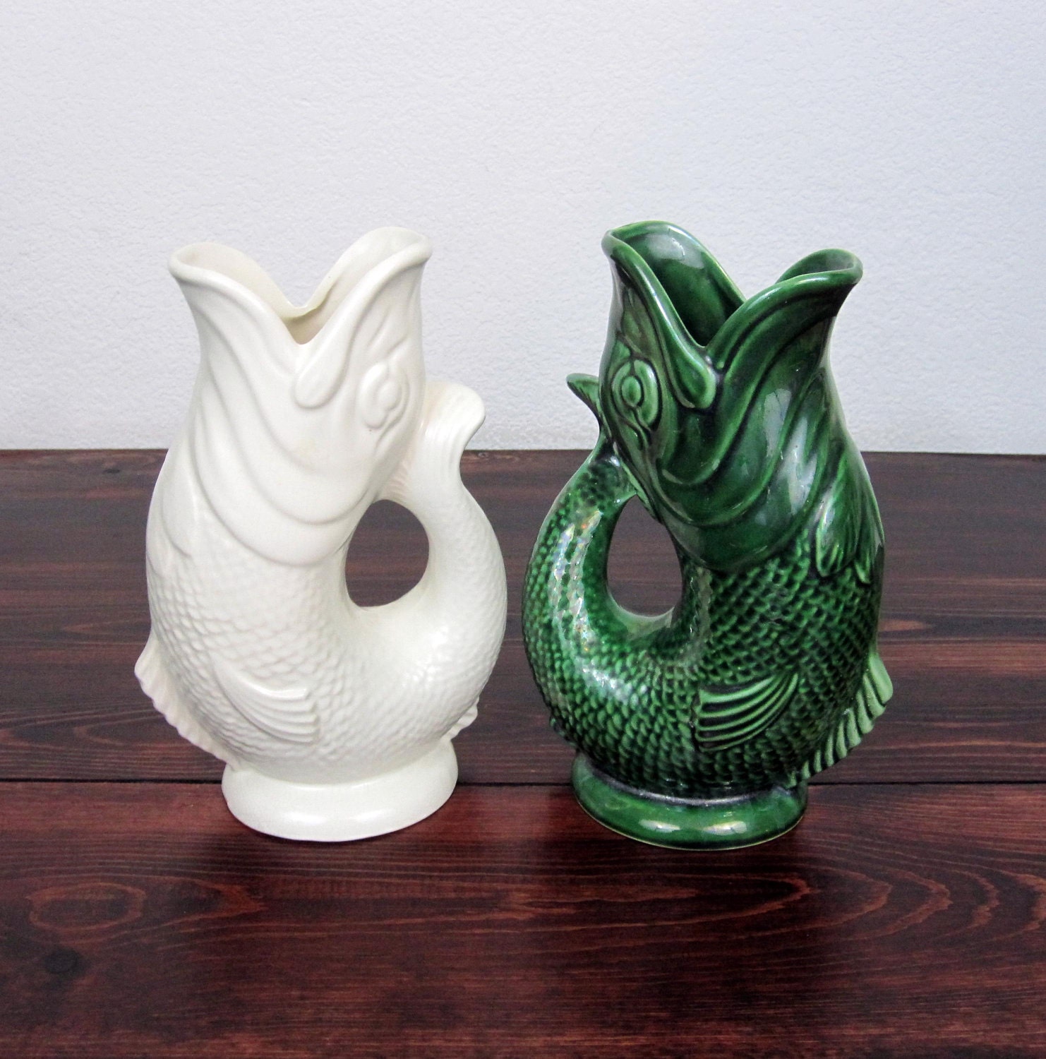 Vintage Pair of Koi Fish Vases or Pitchers / Retro Invento Pottery