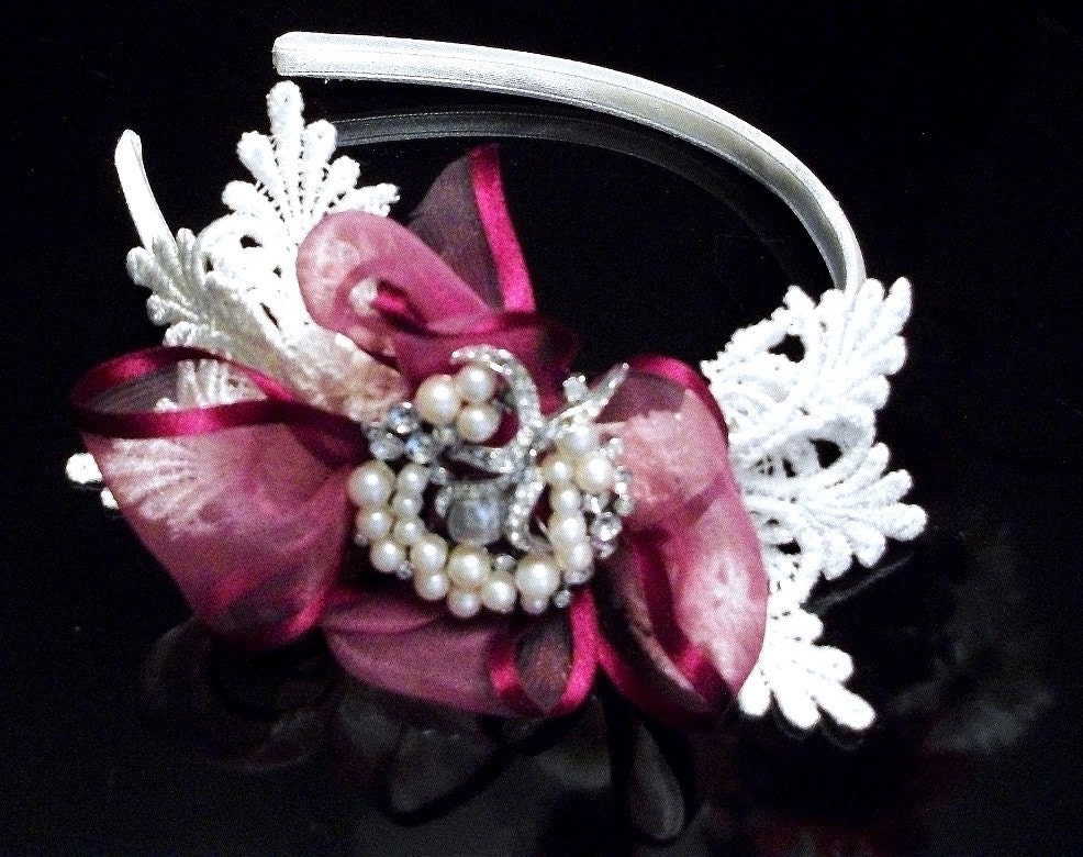 Headband rhinestone cranberry and lace bridal bridesmaid and more