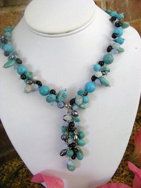 African Mosaic Turquoise, Black Agate, Blue Jade Beaded Drop Necklace