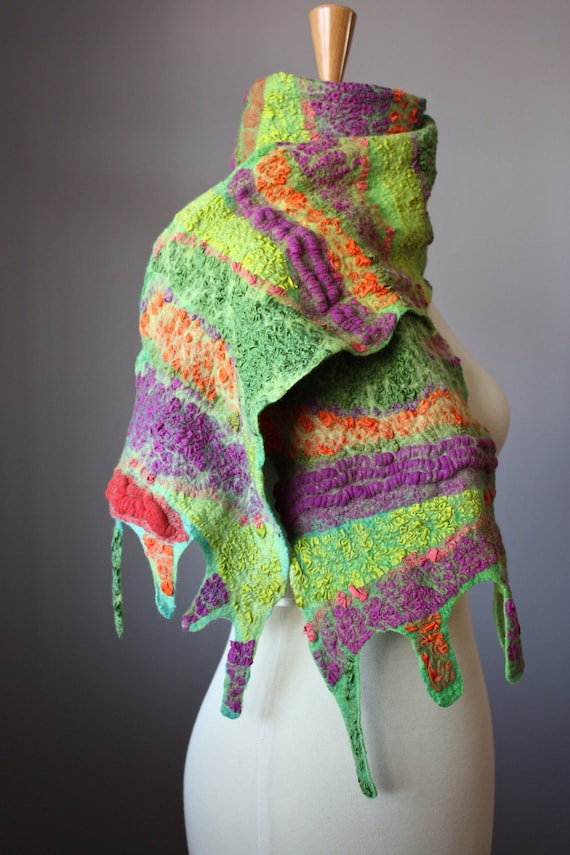 Felted scarf Wool Silk Purple Orange Green collage Abstract Contemporary Original Modern Art wrap