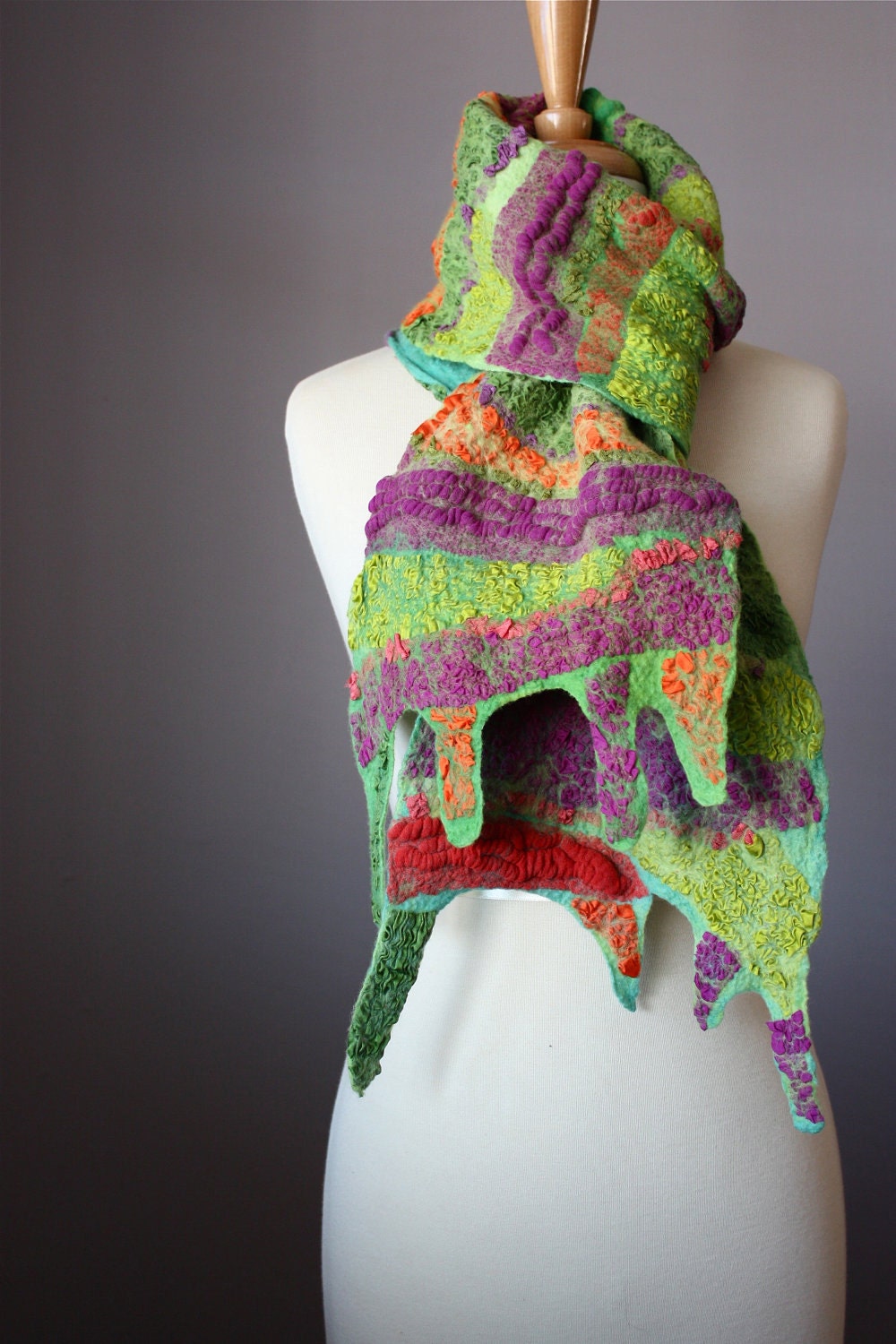 Felted scarf Wool Silk Purple Orange Green collage Abstract Contemporary Original Modern Art wrap