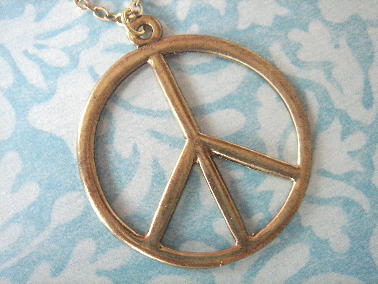 Peace Sign Long Necklace. Antique Brass.