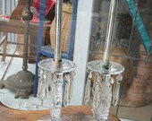SALE - Vintage Fostoria Baroque Luster Clear Glass Candle Holders With Dangling Spear Prisms from Rustysecrets
