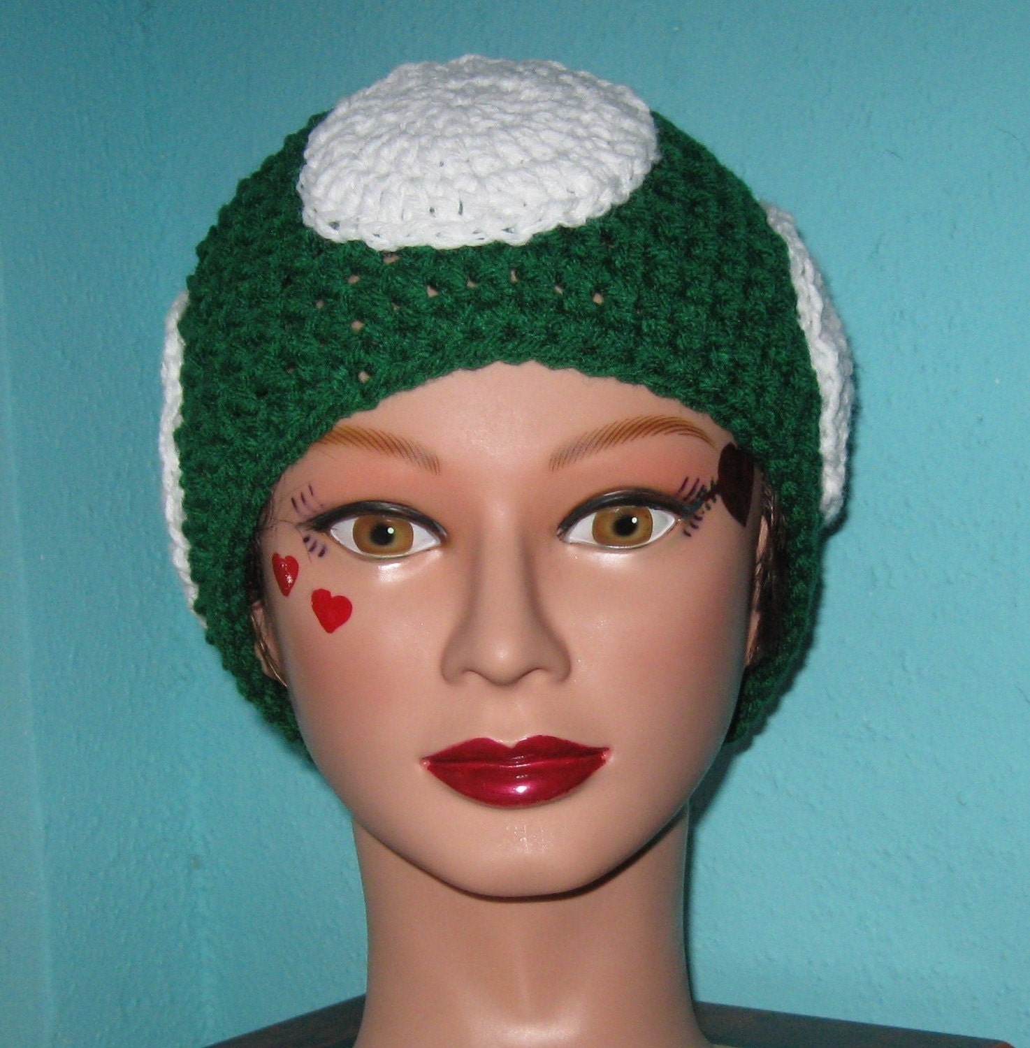 Green and White Mushroom Hat, Crochet, Adult Size