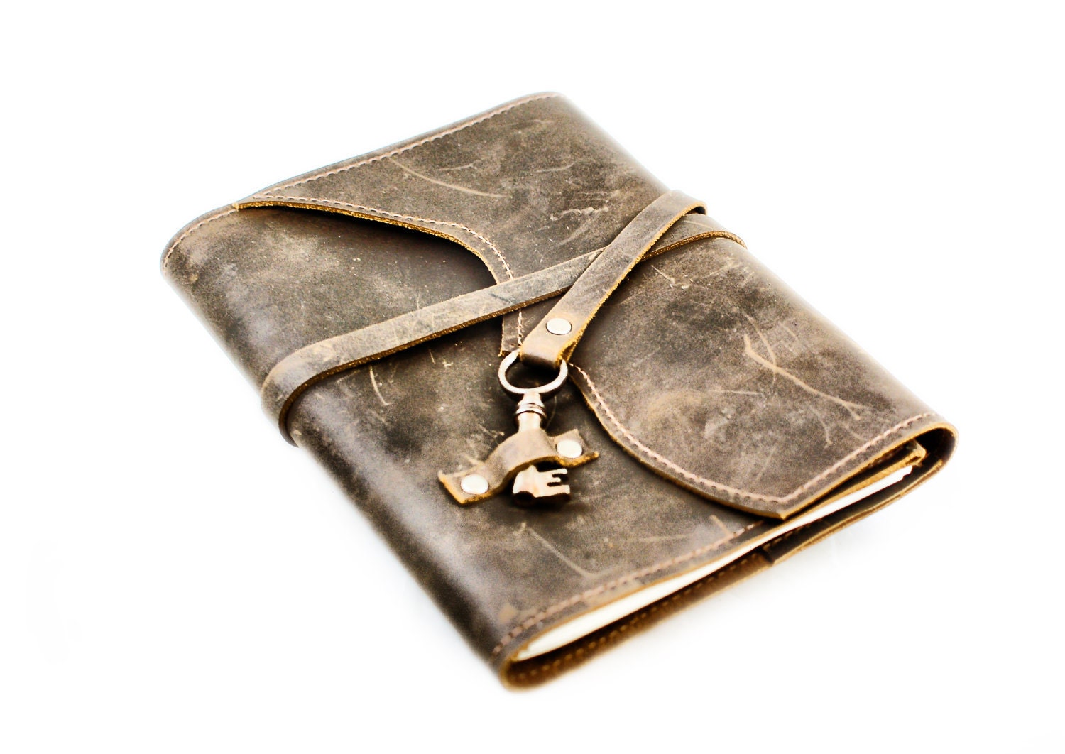 Distressed Brown Leather Journal - Antique Skeleton Key Writer's Gift