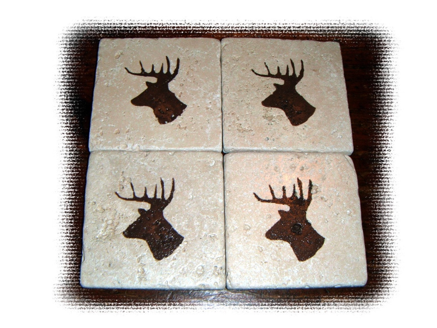 Rustic COASTER SET Deer Head Hunting Woodland on stone coasters - Travertine Tumbled Stone