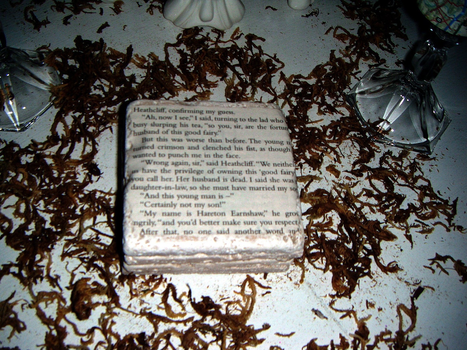 Coaster Set, WUTHERING HEIGHTS unique Travertine Tumbled Stone Set - Read snippetsof  the story on each - Fun gift