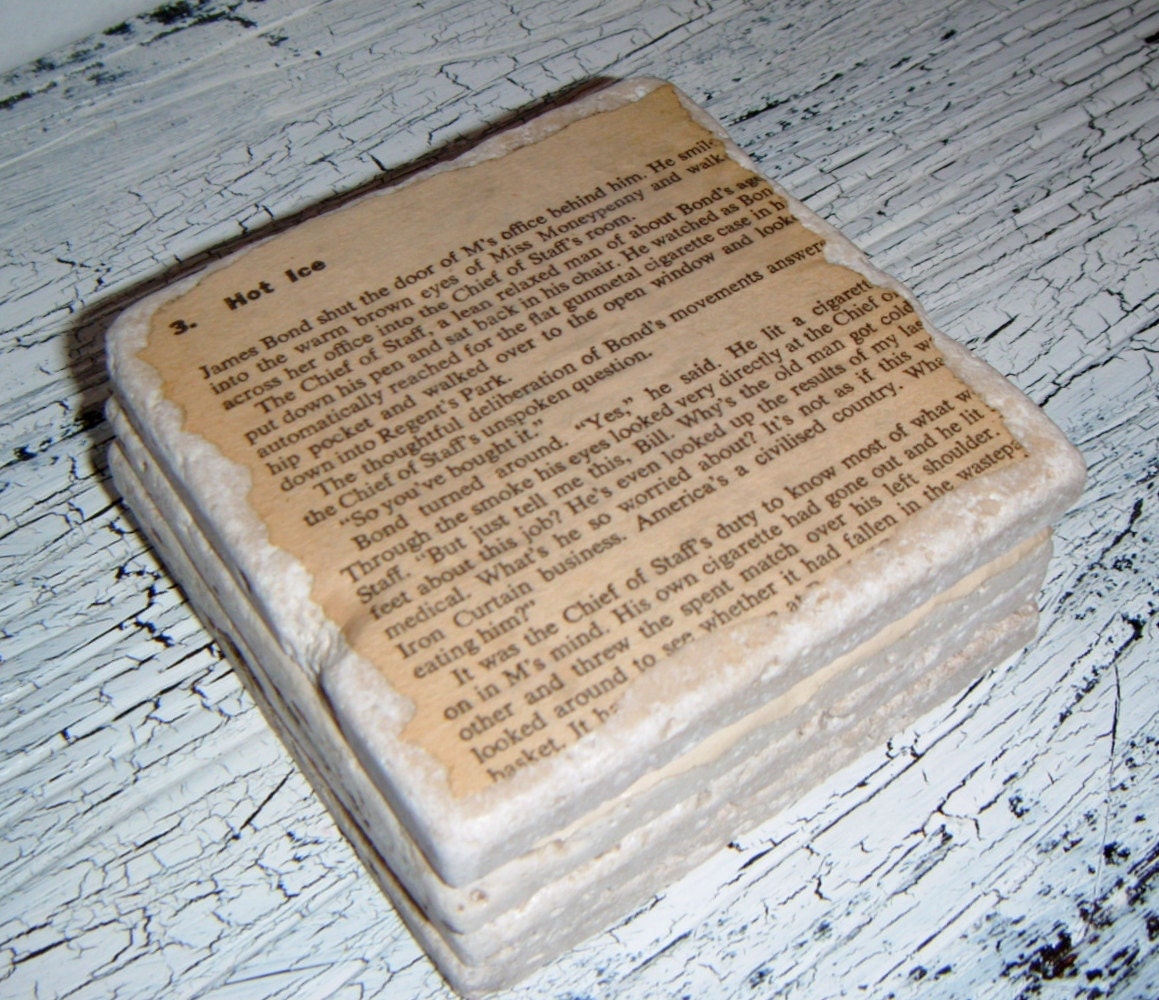 Mens gift, JAMES BOND Book Coaster Set- 4 Tumbled travertine stone coasters  - Bibliophile Book Lovers