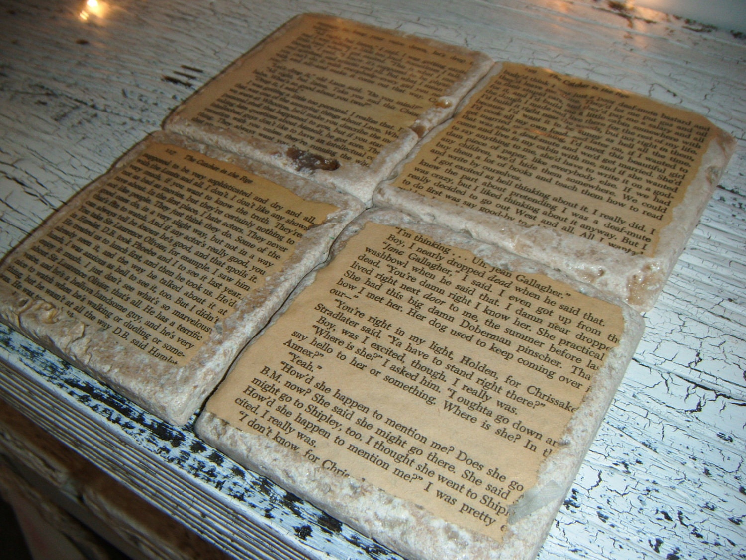 Father's Day, Men's gift,  Coaster Set "Catcher in the Rye" Turkish travertine stone-Read snippets of story-Vintage book page