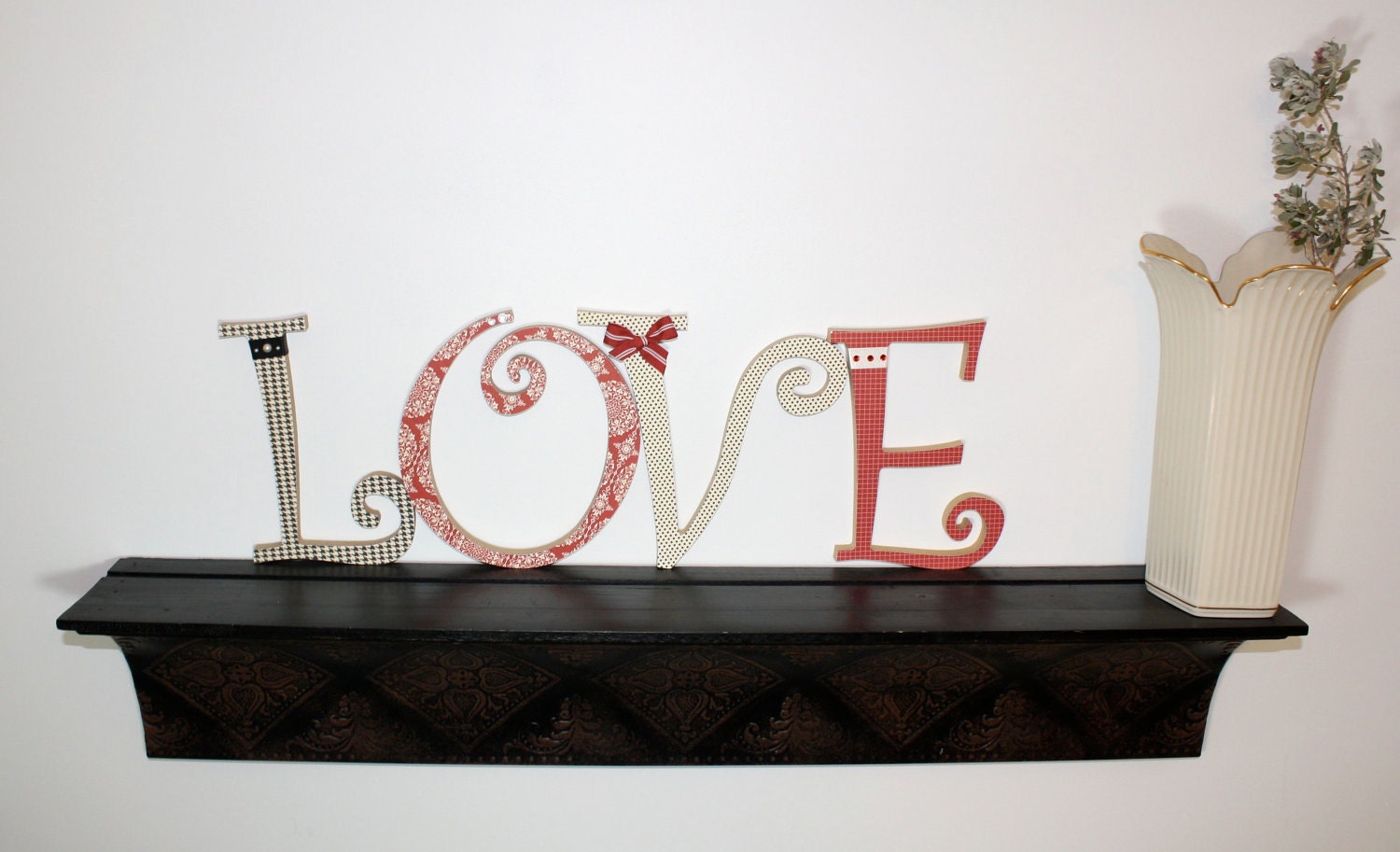 LOVE, wood letters, photo prop or home decor, curly script font, black, red and cream, cottage feel