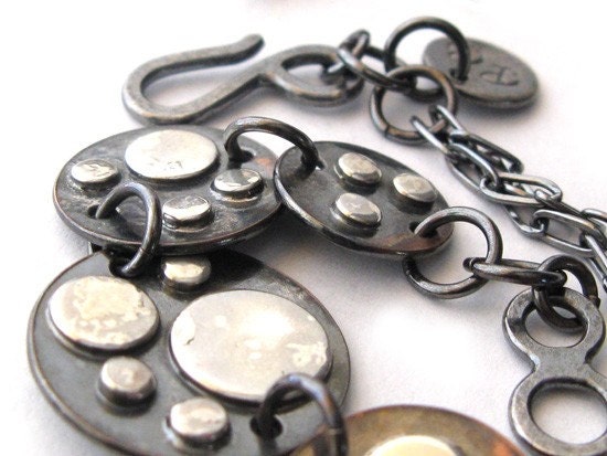 Clearance sale. Rustic artisan mixed metal bracelet. Oxidized copper, sterling silver.  Circles. Organic handmade jewelry. Grapes & Sunshine