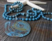 Long rustic copper verdigris patina chunky ball chain organic necklace.  Large pendant turquoise & aqua ocean swirl for her. Underwater.