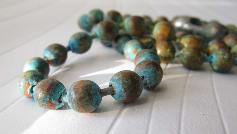 Rustic aged copper verdigris chunky ball chain necklace. Organic classic patina jewelry. Artisan. You choose length, up to 24 inches.