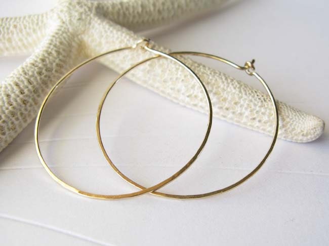 Thin lightweight 14k gold filled hoops. Handmade 1 3/8" modern reflective hammered earrings. 20 gauge metal wire work.  Made to order.