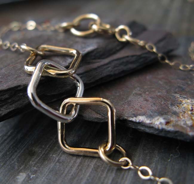 3 Squares modern mixed metal geometric necklace.  Urban chic 14k gold filled with sterling silver. Simple everyday minimalist jewelry.