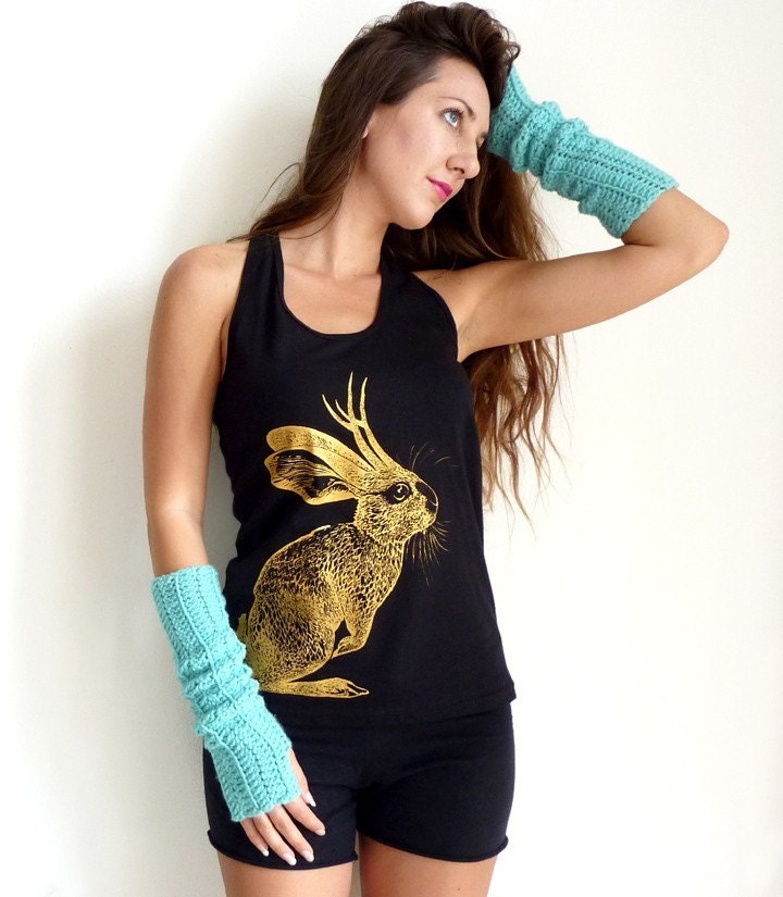 Jackalope tank top - eco-friendly gold ink screenprint on black cotton racerback - womens sizes S, M, L