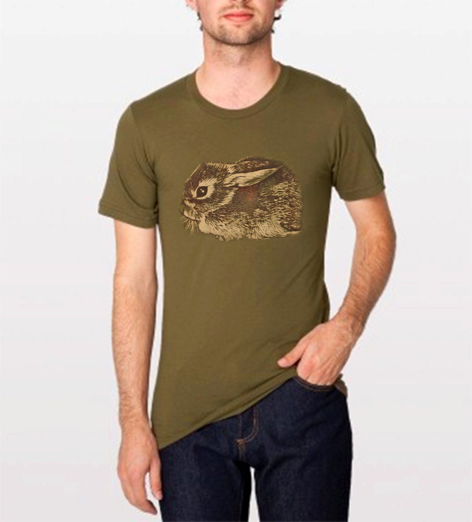 Sale - Mens Baby Cottontail Rabbit tshirt - eco-friendly gold and brown screenprint on army cotton crew neck - adult unisex size Small